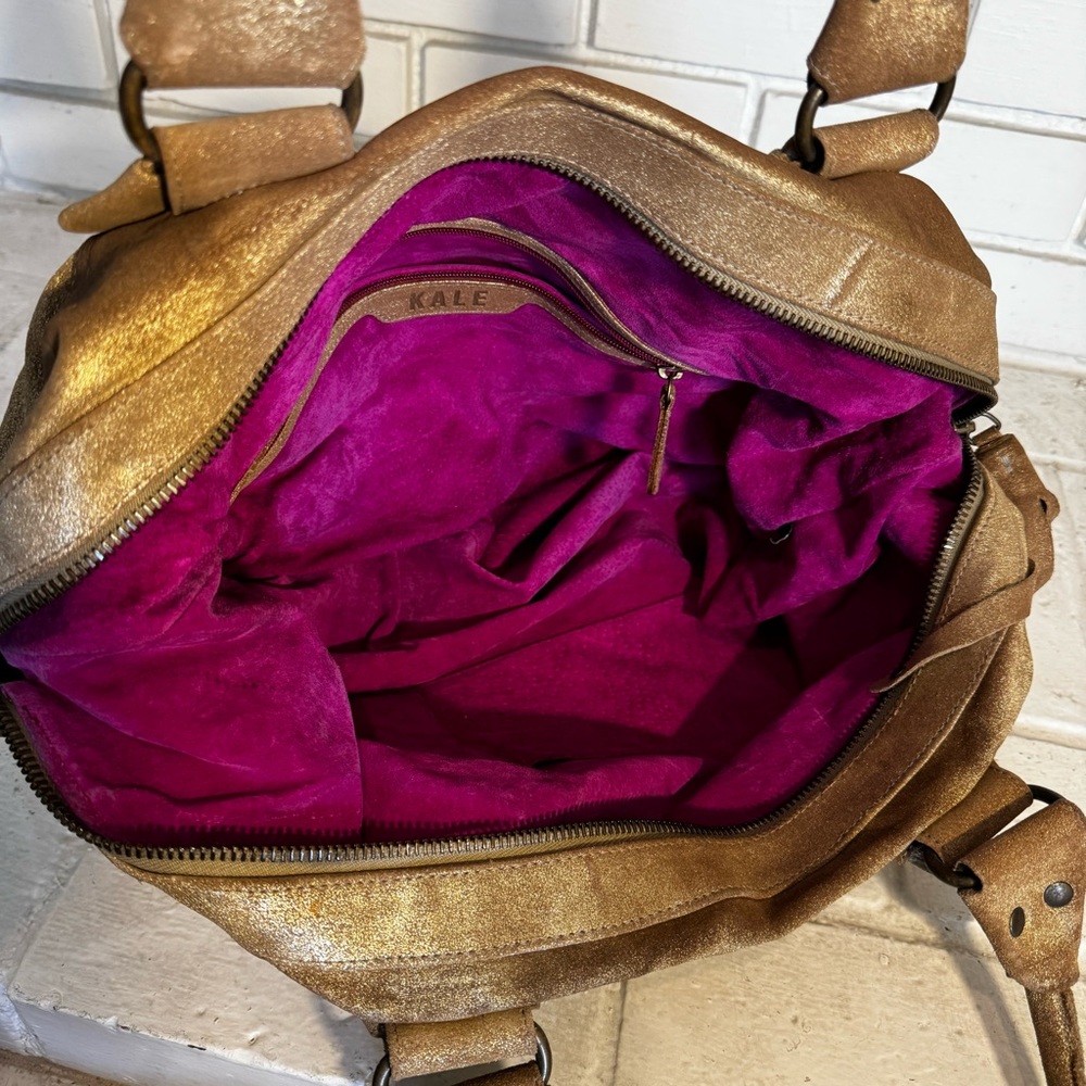 Kale Brown / Gold Metallic Suede Satchel Bag with Pink Suede Interior - Picture 4 of 15